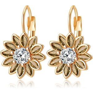 14K Gold Plated Yellow Main Crystal Flower Drop Leverback Earrings for Women